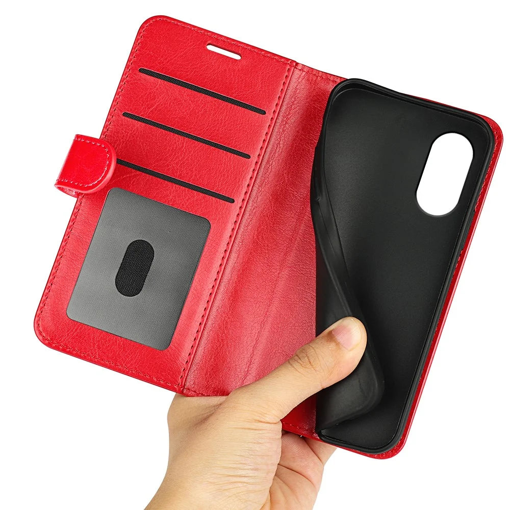 For Sony Xperia 5 V PU Leather Cell Phone Cover Anti-scratch Crazy Horse Texture Wallet Stand Case - Red - 4