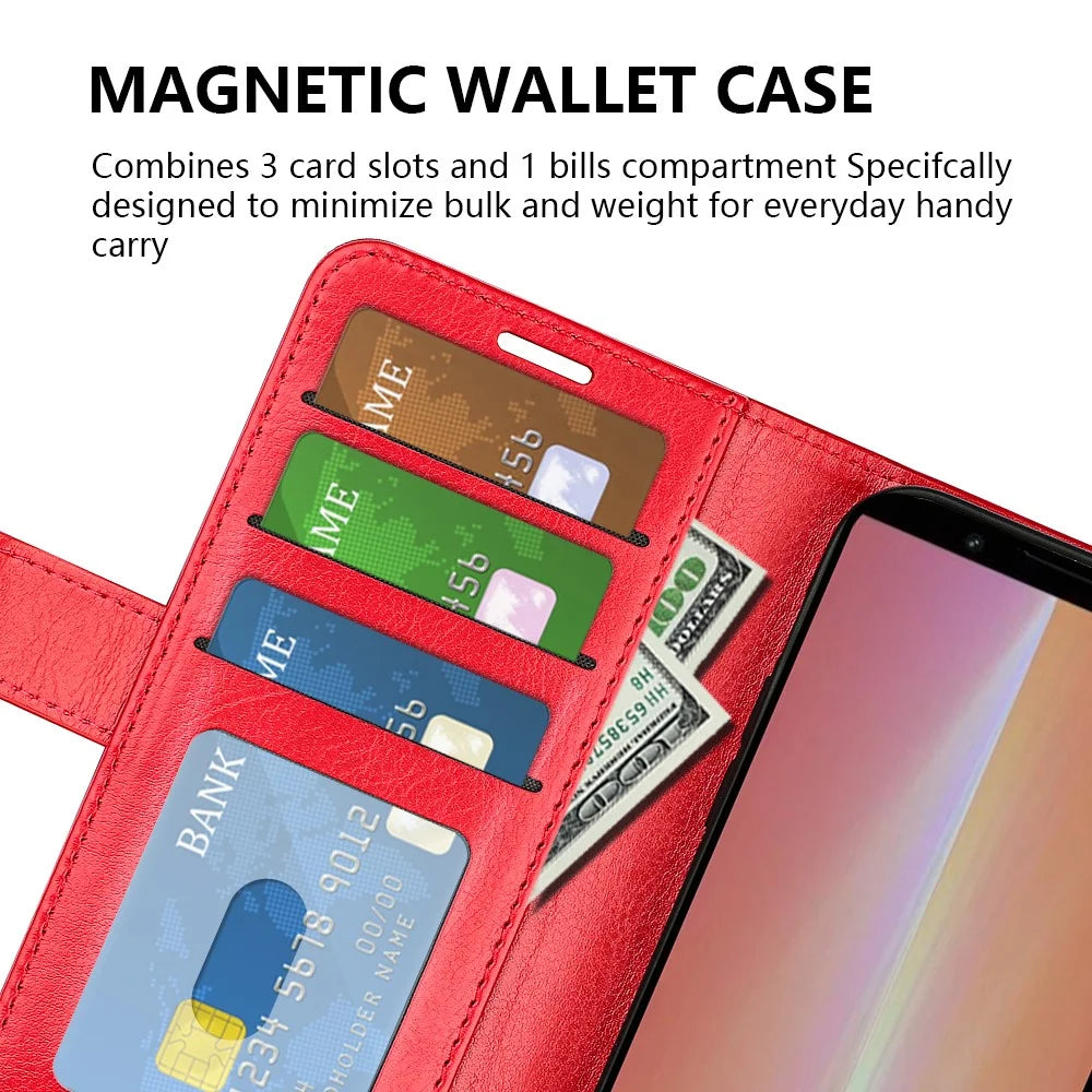 For Sony Xperia 5 V PU Leather Cell Phone Cover Anti-scratch Crazy Horse Texture Wallet Stand Case - Red - 5