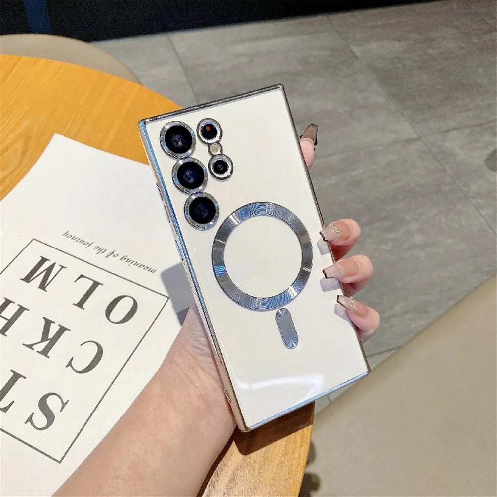For Samsung Galaxy S23 Ultra Magnetic Phone Case Soft TPU Electroplating Cover with Lens Film - Silver - 1