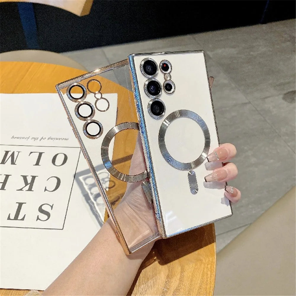 For Samsung Galaxy S23 Ultra Magnetic Phone Case Soft TPU Electroplating Cover with Lens Film - Silver - 2