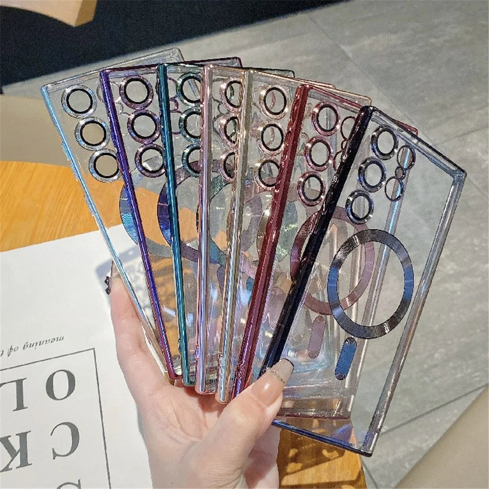 For Samsung Galaxy S23 Ultra Magnetic Phone Case Soft TPU Electroplating Cover with Lens Film - Silver - 3