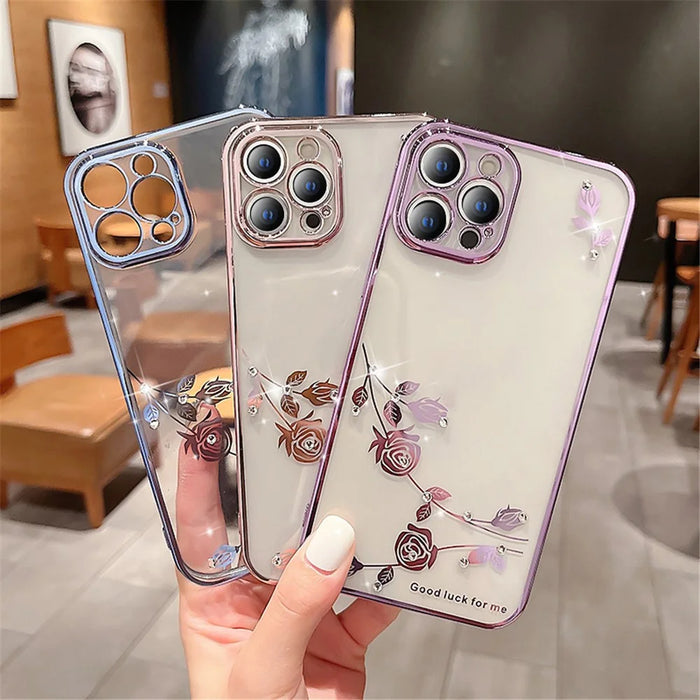 KADEM For iPhone 15 Pro Rhinestone Decor Electroplating Case Flower Pattern Drop Proof TPU Phone Cover - Red - 4