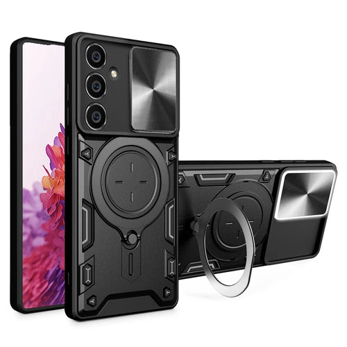 For Samsung Galaxy S23 FE Slide Lens Guard Kickstand Cover PC+TPU Drop-proof Phone Case - Black - 1