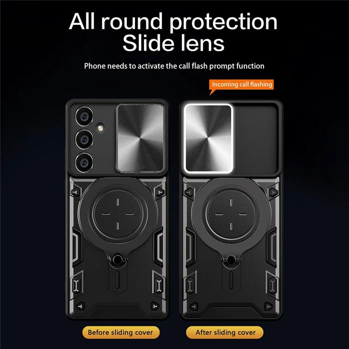 For Samsung Galaxy S23 FE Slide Lens Guard Kickstand Cover PC+TPU Drop-proof Phone Case - Black - 2