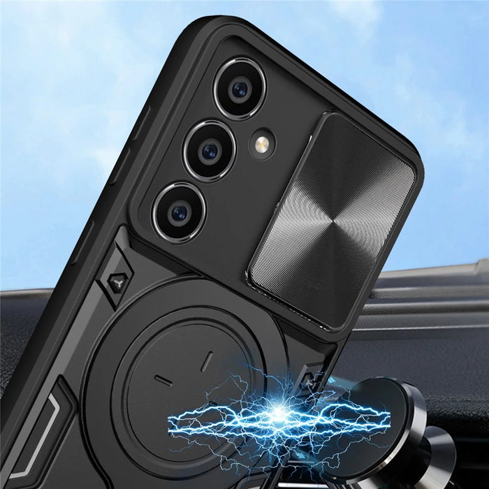 For Samsung Galaxy S23 FE Slide Lens Guard Kickstand Cover PC+TPU Drop-proof Phone Case - Black - 3
