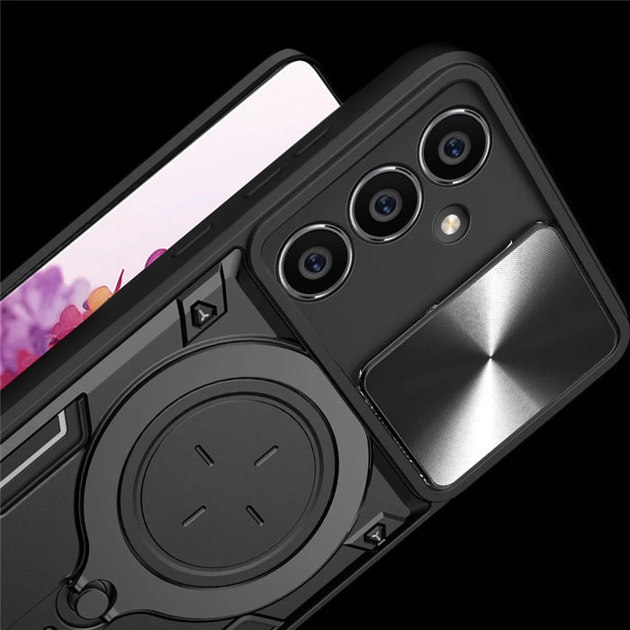 For Samsung Galaxy S23 FE Slide Lens Guard Kickstand Cover PC+TPU Drop-proof Phone Case - Black - 7
