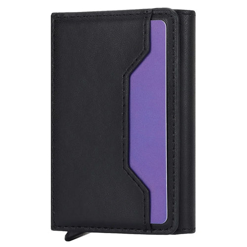 RFID Blocking Automatic Pop Up Card Case PU Leather + Metal Credit Card Holder Purse Wallet - Black - 1