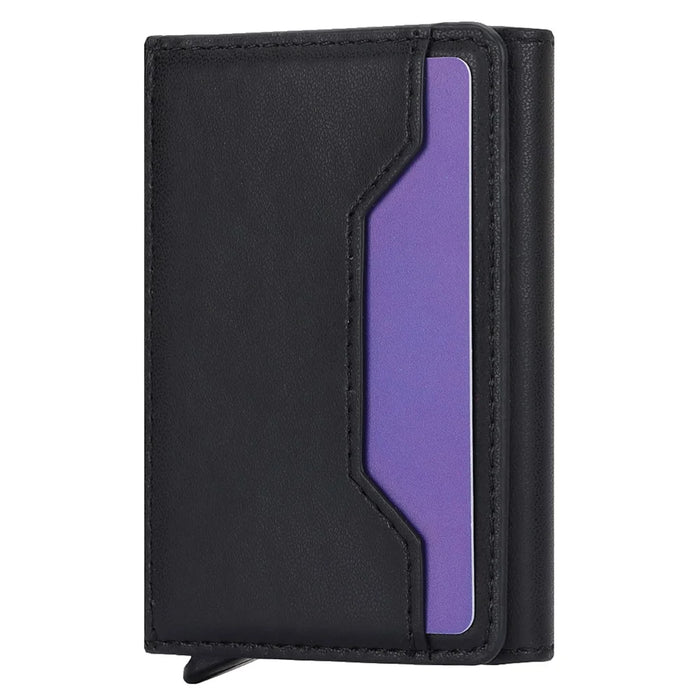 RFID Blocking Automatic Pop Up Card Case PU Leather + Metal Credit Card Holder Purse Wallet - Black - 1