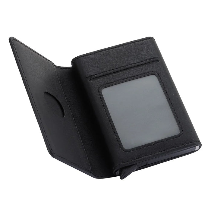 RFID Blocking Automatic Pop Up Card Case PU Leather + Metal Credit Card Holder Purse Wallet - Black - 2