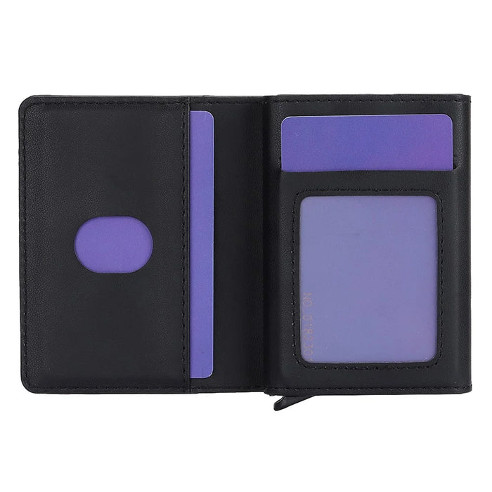 RFID Blocking Automatic Pop Up Card Case PU Leather + Metal Credit Card Holder Purse Wallet - Black - 3