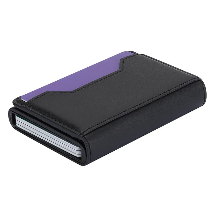 RFID Blocking Automatic Pop Up Card Case PU Leather + Metal Credit Card Holder Purse Wallet - Black - 4