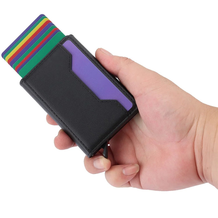 RFID Blocking Automatic Pop Up Card Case PU Leather + Metal Credit Card Holder Purse Wallet - Black - 6