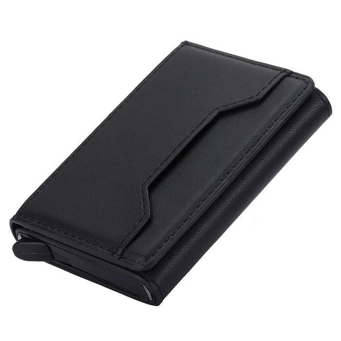 RFID Blocking Automatic Pop Up Card Case PU Leather + Metal Credit Card Holder Purse Wallet - Black - 7