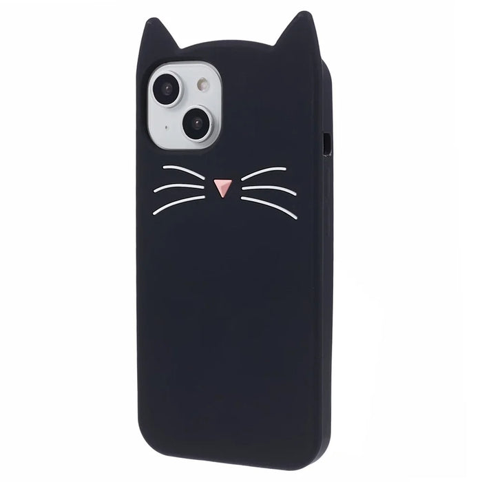 For iPhone 14 Slim-Fit Silicone Shell 3D Moustache Cat Shockproof Phone Cover Case - Black - 3