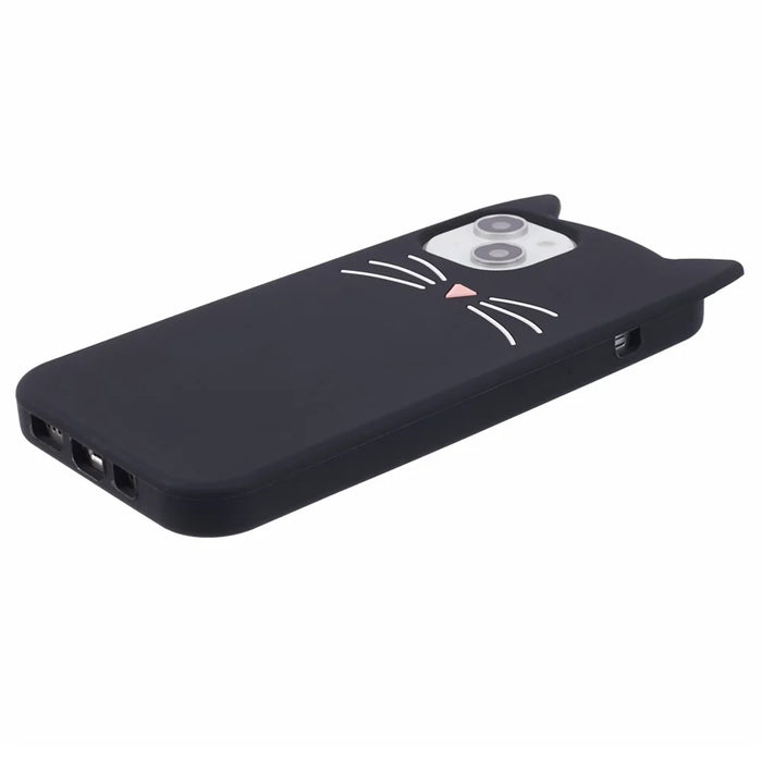 For iPhone 14 Slim-Fit Silicone Shell 3D Moustache Cat Shockproof Phone Cover Case - Black - 4