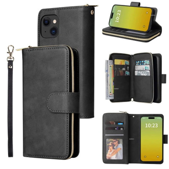 For iPhone 15 Plus 9 Card Slots PU Leather Phone Case Zipper Pocket Stand Phone Cover - Black - 1