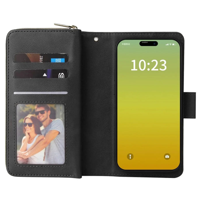 For iPhone 15 Plus 9 Card Slots PU Leather Phone Case Zipper Pocket Stand Phone Cover - Black - 2