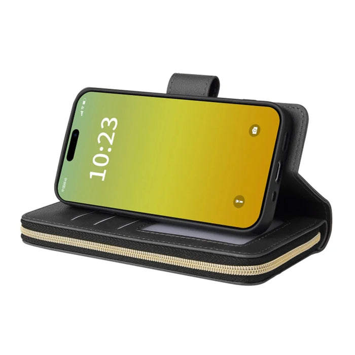 For iPhone 15 Plus 9 Card Slots PU Leather Phone Case Zipper Pocket Stand Phone Cover - Black - 3