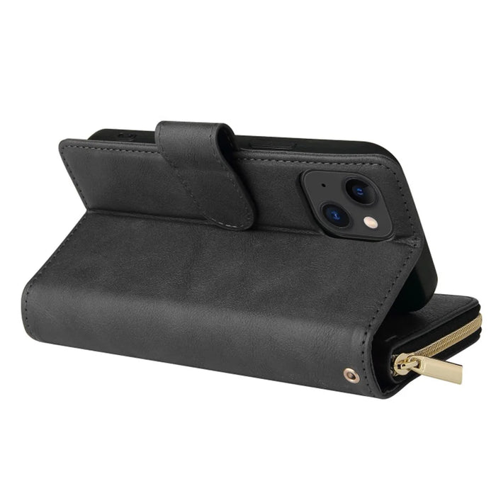 For iPhone 15 Plus 9 Card Slots PU Leather Phone Case Zipper Pocket Stand Phone Cover - Black - 4