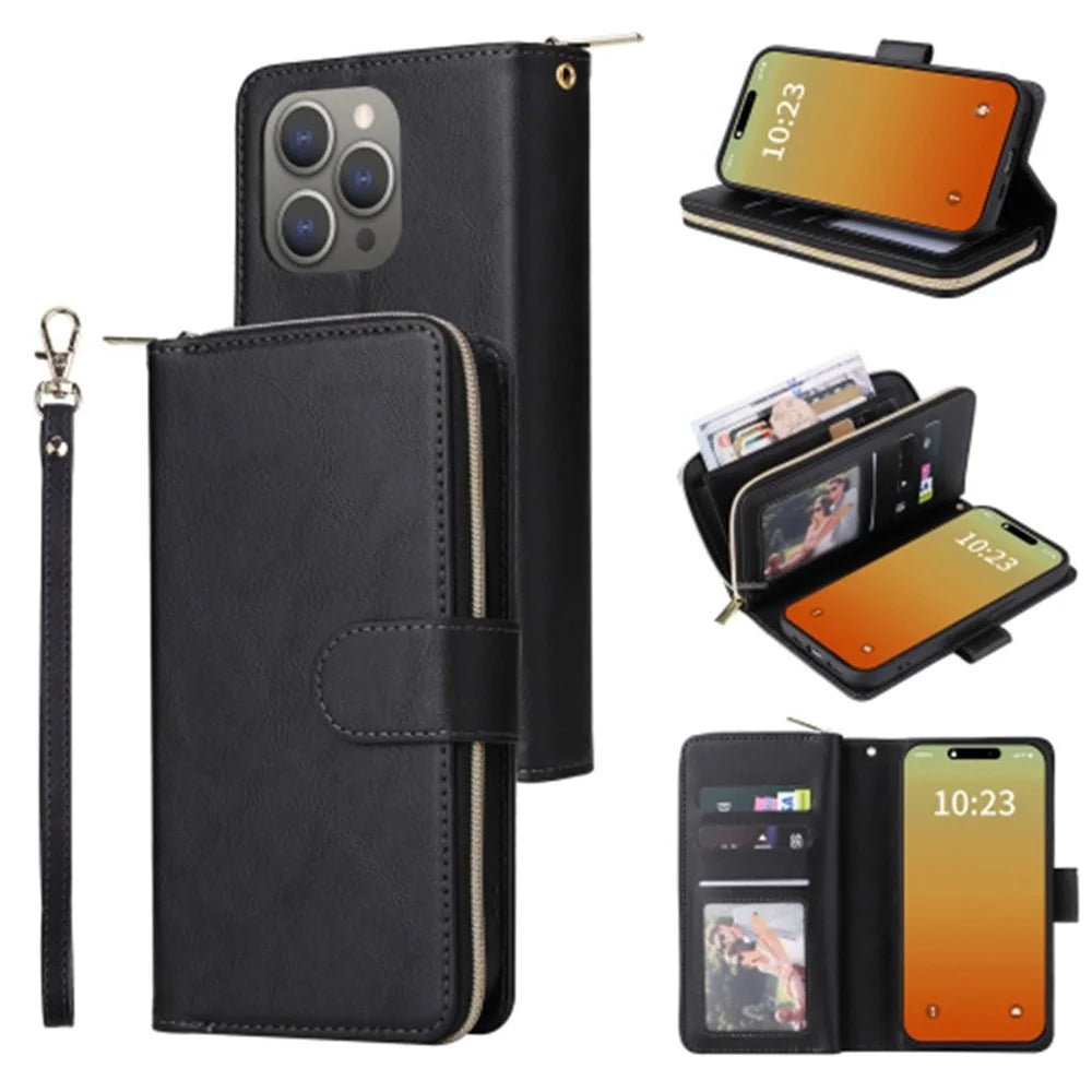 For iPhone 15 Pro Max 9 Card Slots Zipper Pocket Phone Case PU Leather Stand Phone Cover - Black - 1