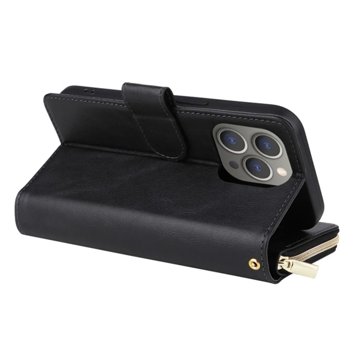 For iPhone 15 Pro Max 9 Card Slots Zipper Pocket Phone Case PU Leather Stand Phone Cover - Black - 4