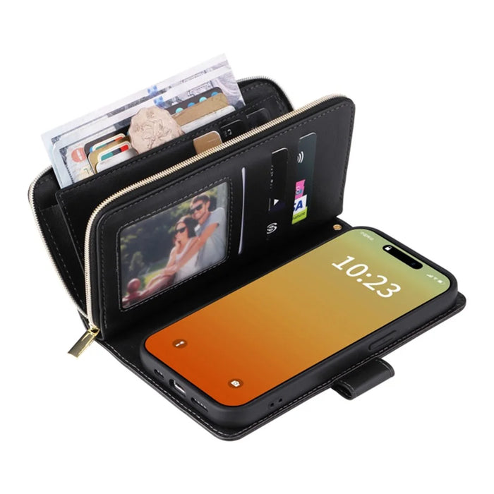 For iPhone 15 Pro Max 9 Card Slots Zipper Pocket Phone Case PU Leather Stand Phone Cover - Black - 5
