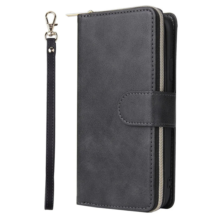 For iPhone 15 Pro Max 9 Card Slots Zipper Pocket Phone Case PU Leather Stand Phone Cover - Black - 6