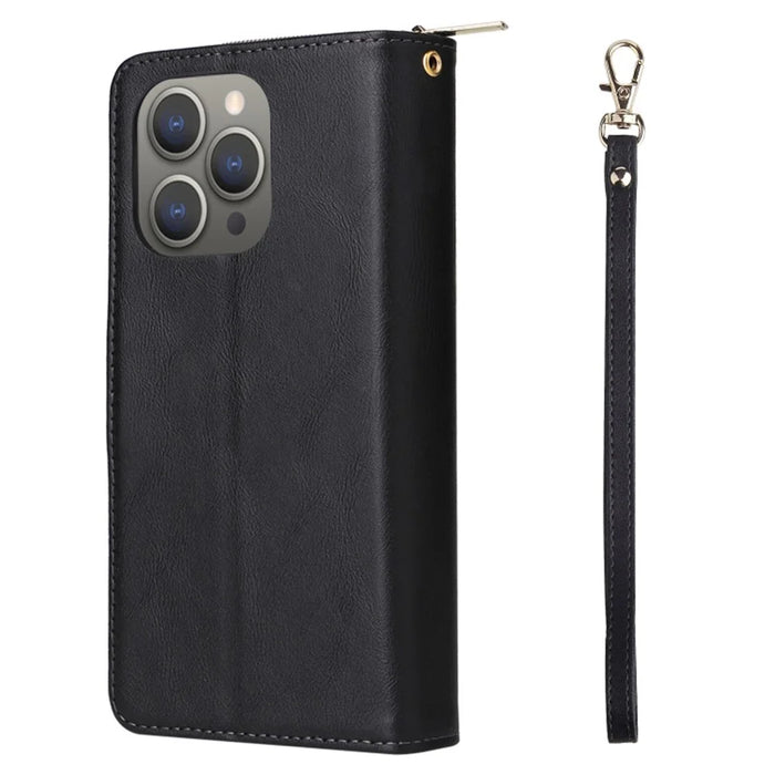 For iPhone 15 Pro Max 9 Card Slots Zipper Pocket Phone Case PU Leather Stand Phone Cover - Black - 7
