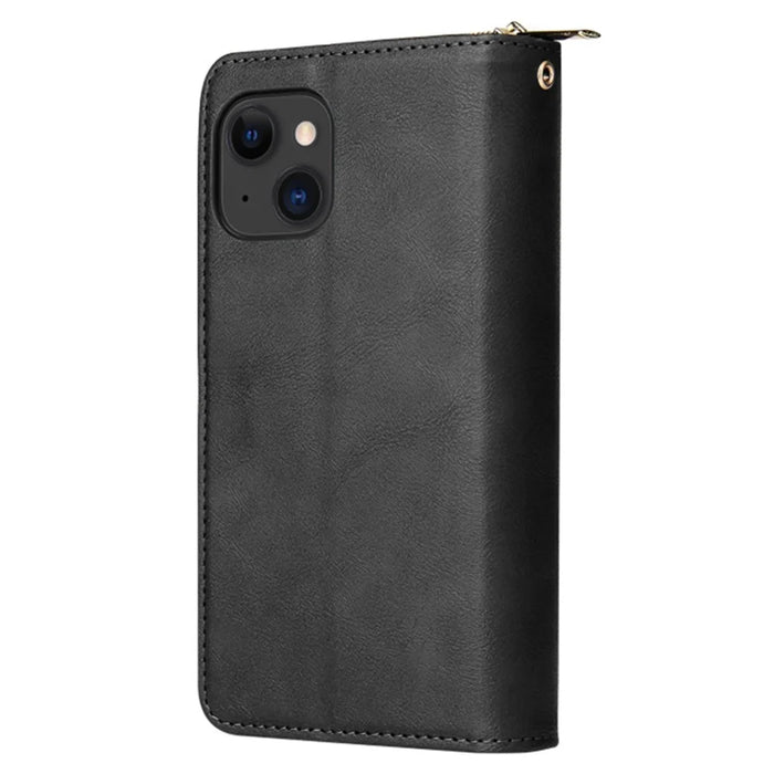 9 Card Slots Phone Case for iPhone 15 , Zipper Pocket PU Leather Stand Phone Cover - Black - 6
