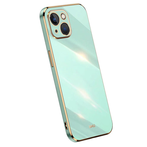 XINLI For iPhone 15 Plus Electroplated Gold Edge Anti-scratch Phone Case TPU Back Cover - Cyan - 1