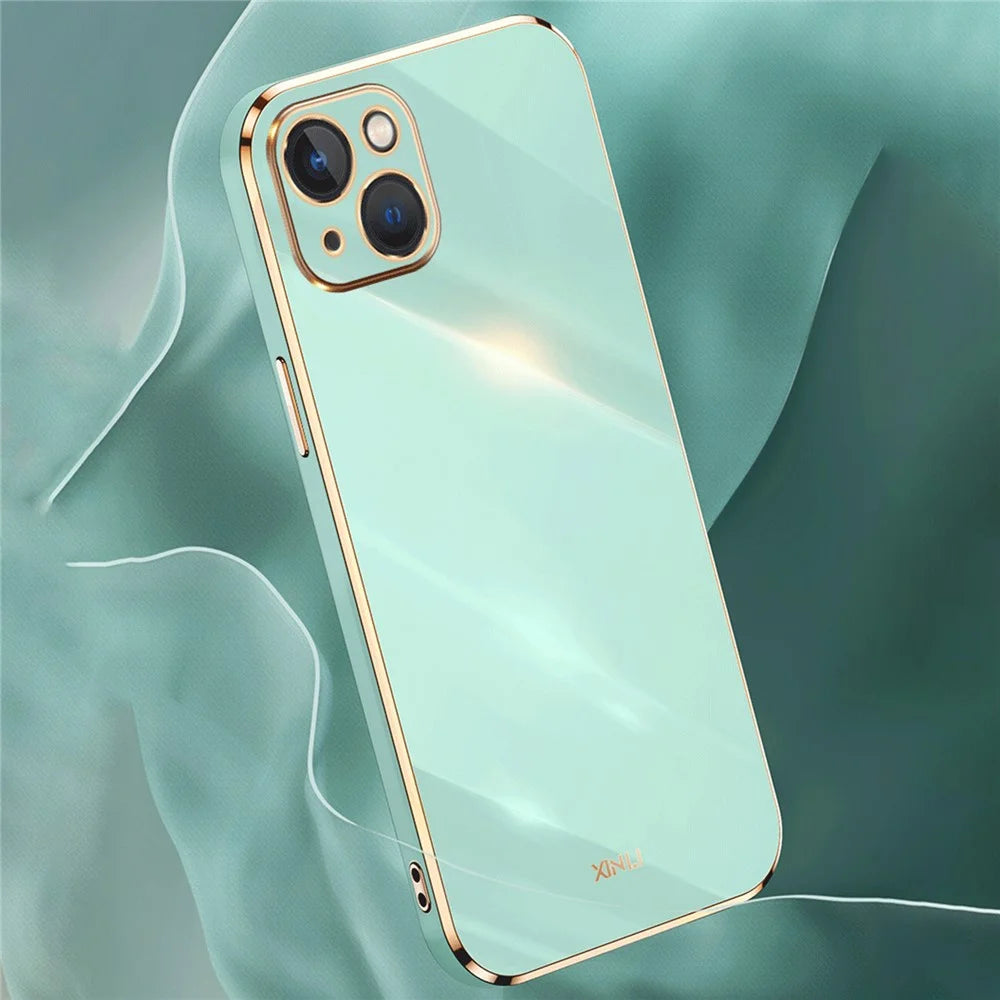 XINLI For iPhone 15 Plus Electroplated Gold Edge Anti-scratch Phone Case TPU Back Cover - Cyan - 3
