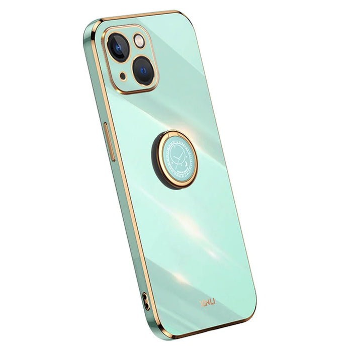 XINLI For iPhone 15 Electroplated Anti-drop Phone Case TPU Back Cover with Ring Kickstand - Cyan - 1