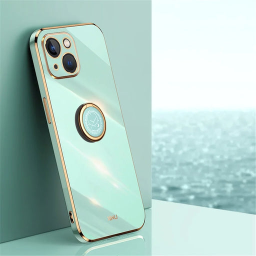 XINLI For iPhone 15 Electroplated Anti-drop Phone Case TPU Back Cover with Ring Kickstand - Cyan - 2