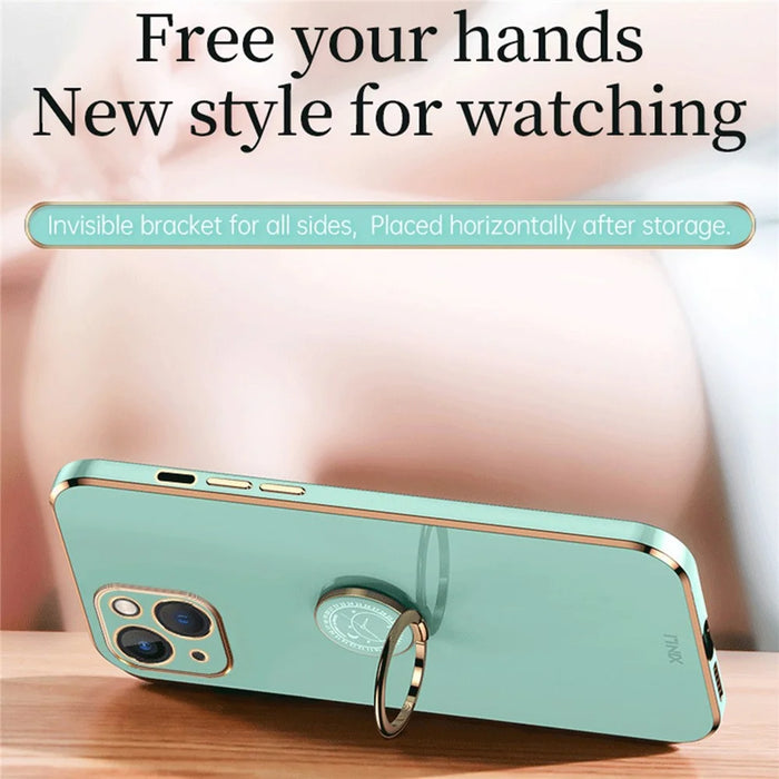 XINLI For iPhone 15 Electroplated Anti-drop Phone Case TPU Back Cover with Ring Kickstand - Cyan - 3