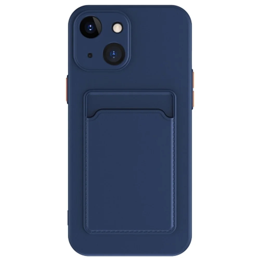 Anti-Drop Phone Case for iPhone 15 Pure Color Soft TPU Phone Cover with Card Holder - Dark Blue - 1