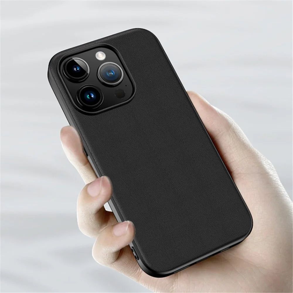 PU Leather+TPU Back Case for iPhone 15 Pro Max , Shockproof Phone Cover - Solid Color / Black - 3