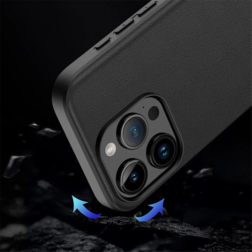 PU Leather+TPU Back Case for iPhone 15 Pro Max , Shockproof Phone Cover - Solid Color / Black - 5