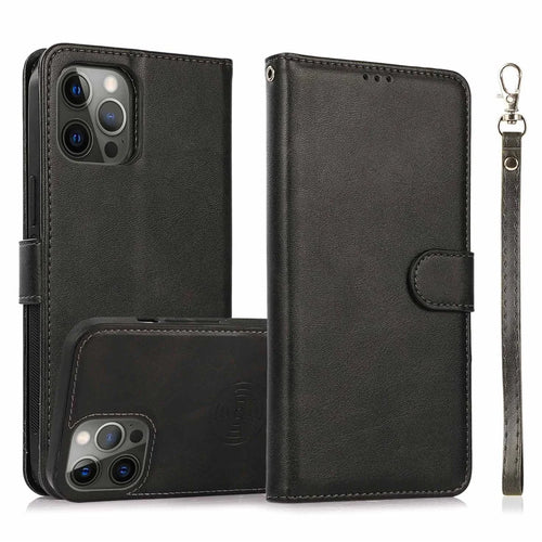For iPhone 15 Pro Max Magnetic Absorption Detachable Phone Case PU Leather Stand Wallet Cover - Black - 1