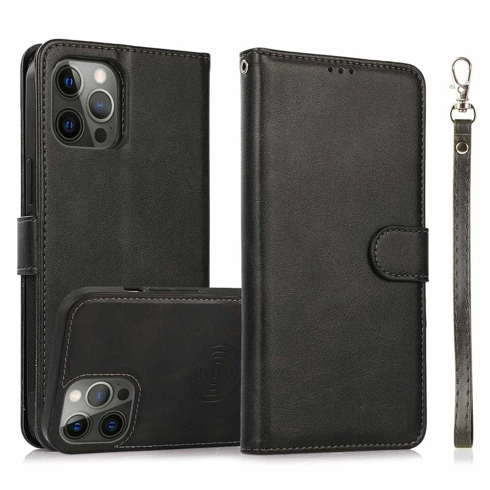 For iPhone 15 Pro Max Magnetic Absorption Detachable Phone Case PU Leather Stand Wallet Cover - Black - 1