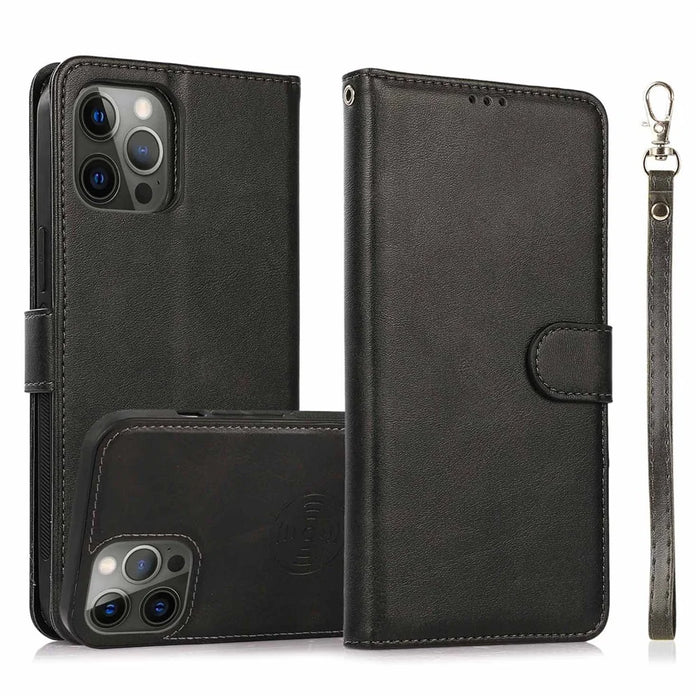 For iPhone 15 Pro Max Magnetic Absorption Detachable Phone Case PU Leather Stand Wallet Cover - Black - 1