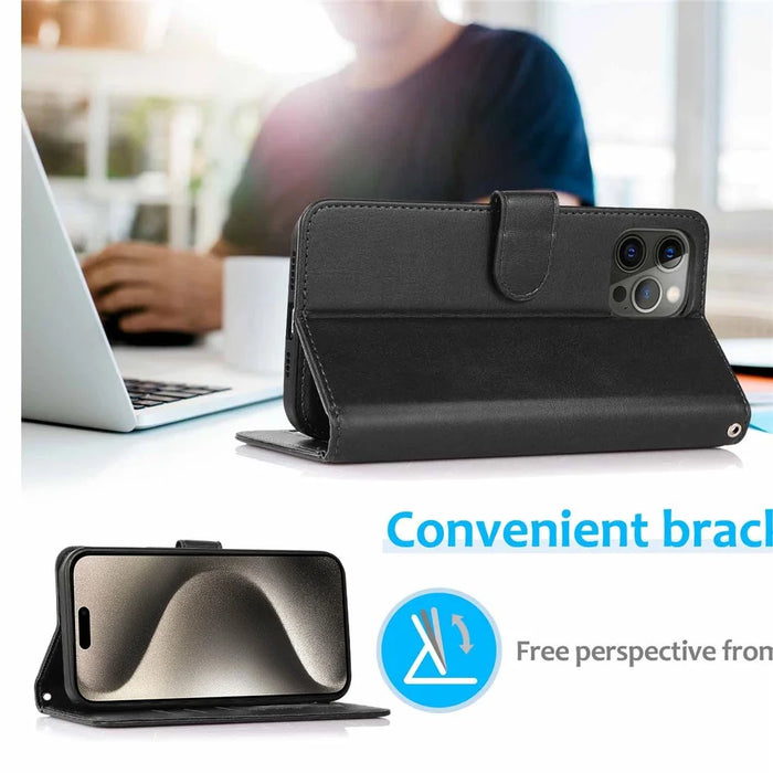 For iPhone 15 Pro Max Magnetic Absorption Detachable Phone Case PU Leather Stand Wallet Cover - Black - 4