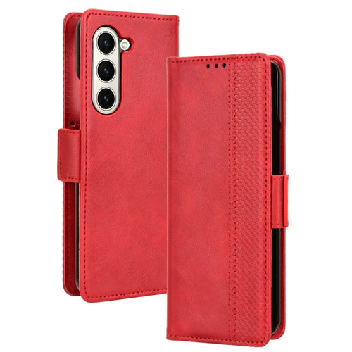For Samsung Galaxy Z Fold5 5G PU Leather Vintage Phone Case Wallet Stand Shockproof Cover - Red - 1