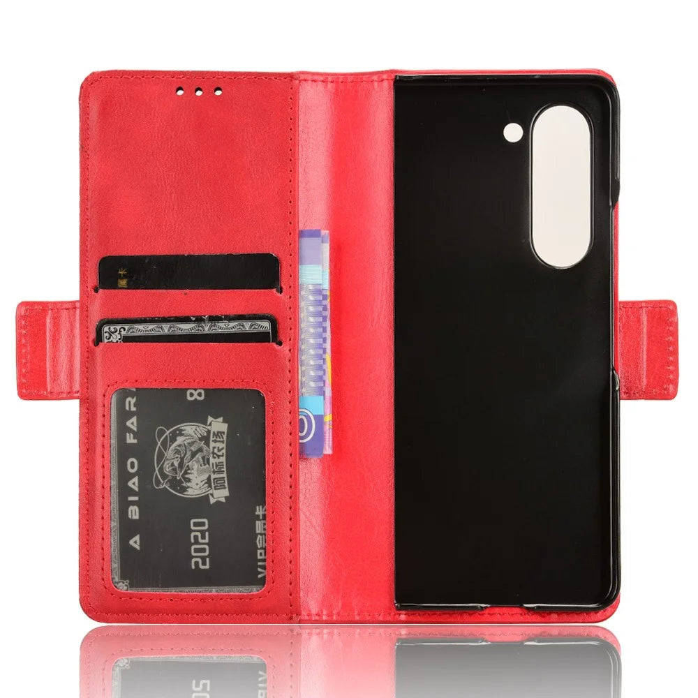 For Samsung Galaxy Z Fold5 5G PU Leather Vintage Phone Case Wallet Stand Shockproof Cover - Red - 5
