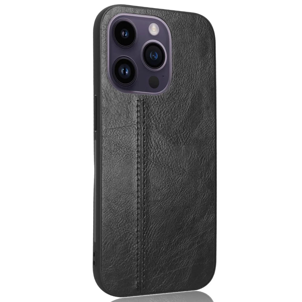 For iPhone 15 Pro Stitching Line Phone Cover PU Leather Coated PC+TPU Protective Case - Black - 1