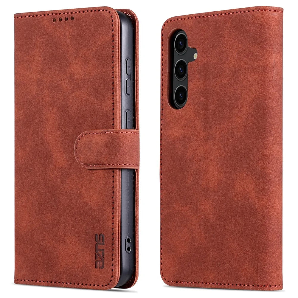 AZNS For Samsung Galaxy S23 FE Slim PU Leather Phone Case Magnetic Stand Wallet Cover - Brown - 1