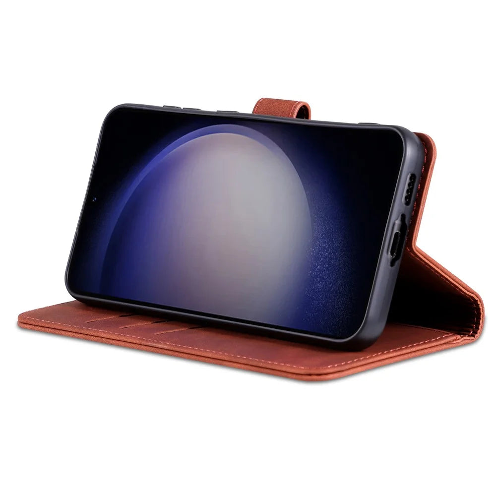 AZNS For Samsung Galaxy S23 FE Slim PU Leather Phone Case Magnetic Stand Wallet Cover - Brown - 3