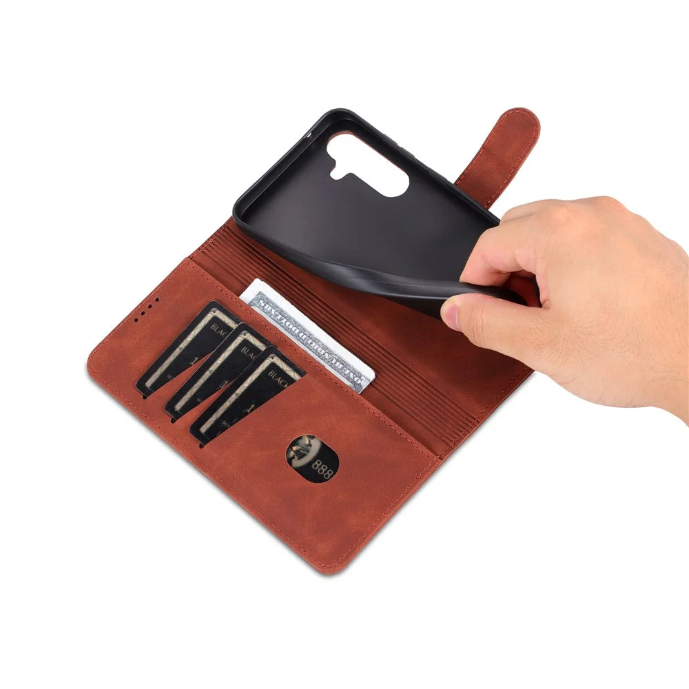 AZNS For Samsung Galaxy S23 FE Slim PU Leather Phone Case Magnetic Stand Wallet Cover - Brown - 5