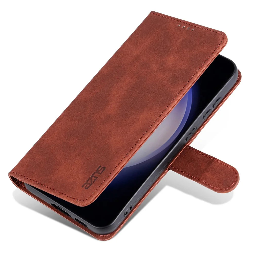 AZNS For Samsung Galaxy S23 FE Slim PU Leather Phone Case Magnetic Stand Wallet Cover - Brown - 6