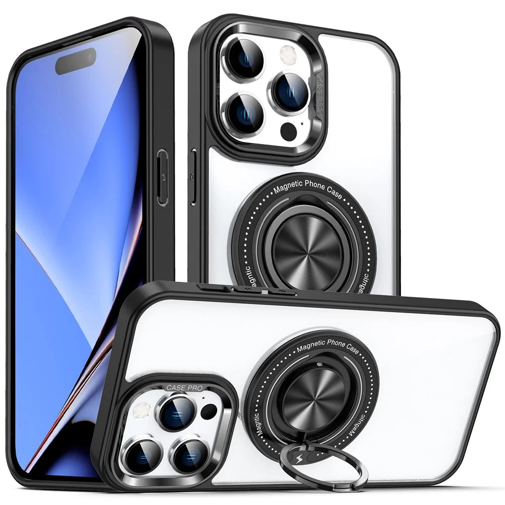 For iPhone 15 Pro Max PC + TPU + Acrylic Phone Case Ring Kickstand Transparent Cover Compatible with MagSafe - Black - 1