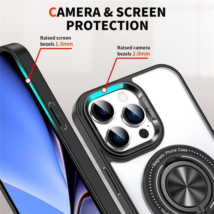 For iPhone 15 Pro Max PC + TPU + Acrylic Phone Case Ring Kickstand Transparent Cover Compatible with MagSafe - Black - 6